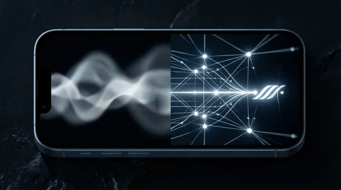 Mężczyzna w garniturze obsługujący holograficzny interfejs cyfrowy danych sieciowych i adresów IP, wyświetlający się nad smartfonem.