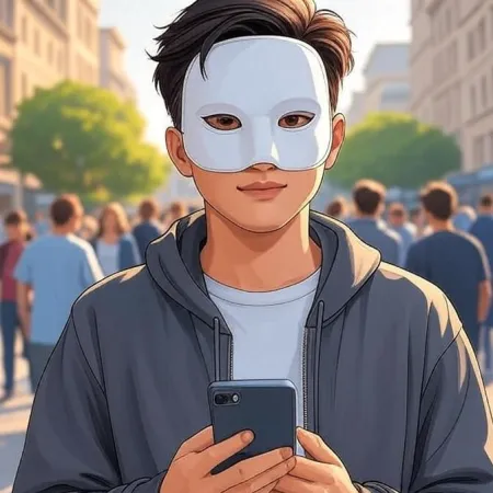 Młody mężczyzna w stylu anime, noszący biały maskę i szary kaptur, patrzy w kamerę, trzymając smartfona na zatłoczonej ulicy.