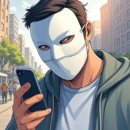 Mężczyzna w białej masce i bluzie z kapturem patrzy na swój telefon komórkowy na ulicy w mieście. Obraz jest przedstawiony w stylu kreskówki lub komiksu.