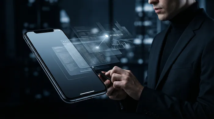 Dwa smartfony leżące obok siebie na stole, połączone świecącą siecią cyfrową symbolizującą transfer danych między urządzeniami.