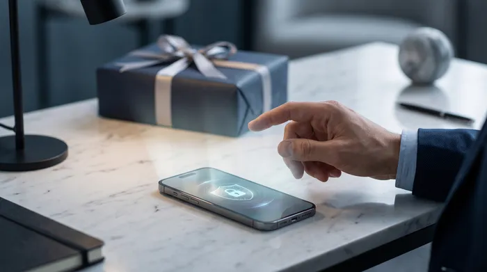 Dłoń trzymająca smartfon, na którym wyświetlany jest interfejs komunikatora z nałożonymi graficznymi elementami technologicznymi, w tym kłódką, obwodami i numerem telefonu, co ilustruje bezpieczeństwo mobilne i komunikację cyfrową.