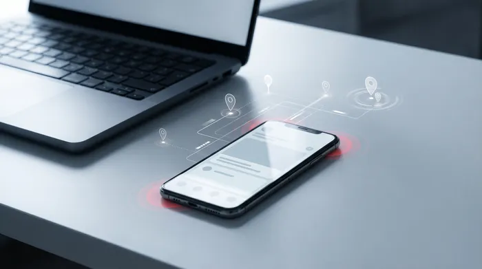 Męska dłoń w garniturze wchodząca w interakcję ze smartfonem leżącym na biurku, na którym wyświetlana jest ikona cyfrowej kłódki symbolizująca cyberbezpieczeństwo.