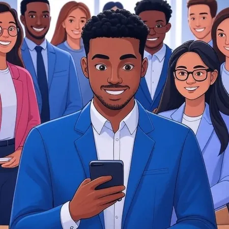 Ilustracja uśmiechniętego młodego czarnoskórego biznesmena patrzącego na swój smartfon, z zespołem w tle.
