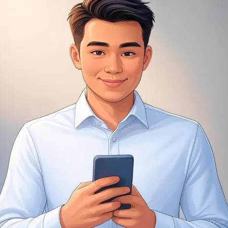 Ilustracja uśmiechniętego biznesmena w niebieskim garniturze trzymającego smartfona.