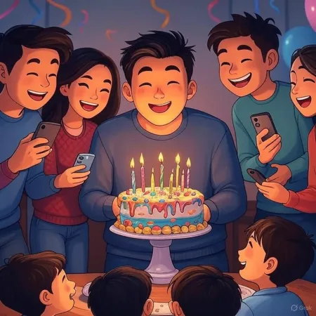 Ilustracja urodzin, na której uśmiechnięty mężczyzna trzyma tort ozdobiony zapalonymi świeczkami, otoczony przyjaciółmi i bliskimi robiącymi zdjęcia swoimi telefonami.